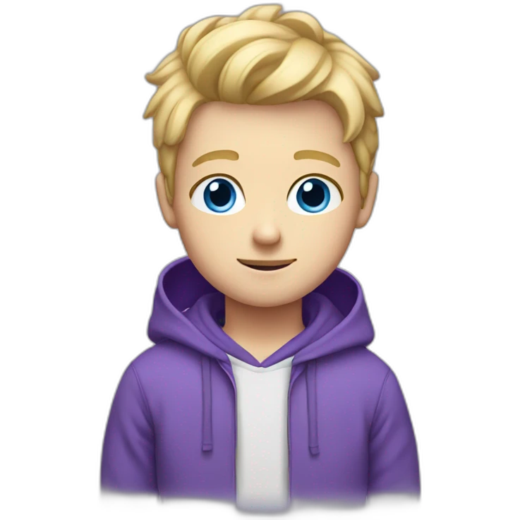 white boy with blond hairs, blue eyes, a purple hoodie emoji