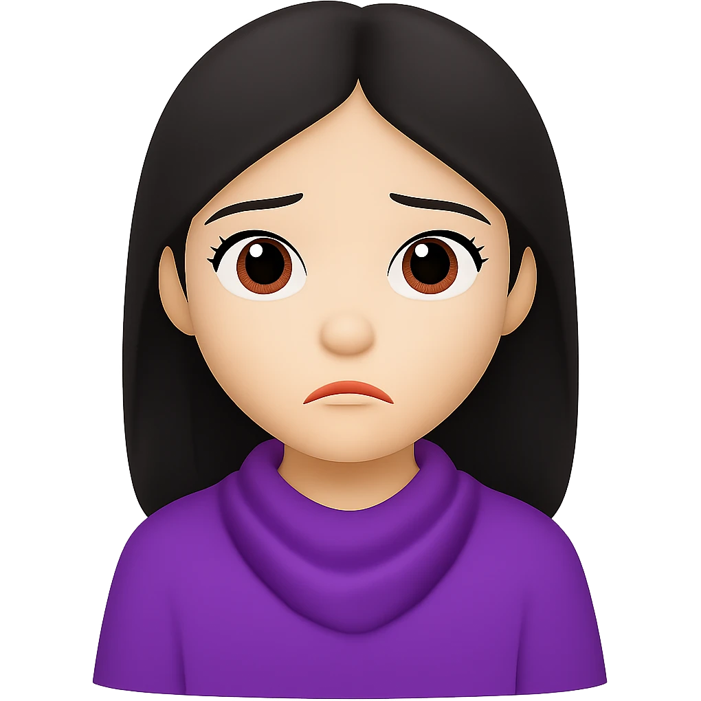 Remove the bandana and change the white clothes to a different color, keep the lilac elements and sad face, in the style of emoji (apple style emojis). emoji
