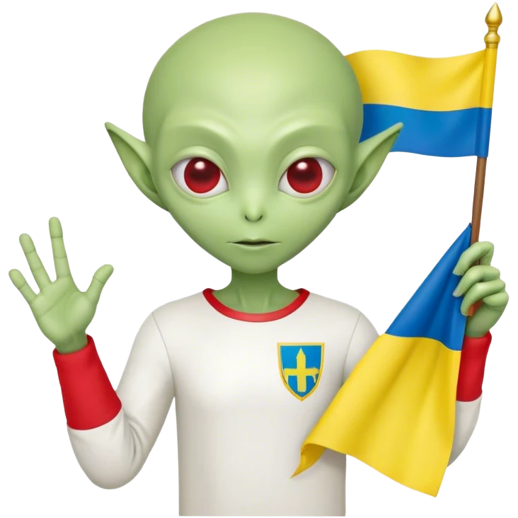 Green alien in Shirt 👚 vyshyvanka, white with red embodiary on sleeved, with 🇺🇦 Ukraine flag in a hand emoji
