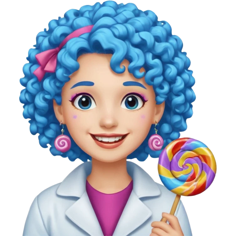 candy shop vendor, looking like candy with candy earrings and candy hair with big smile and blue curly hair emoji