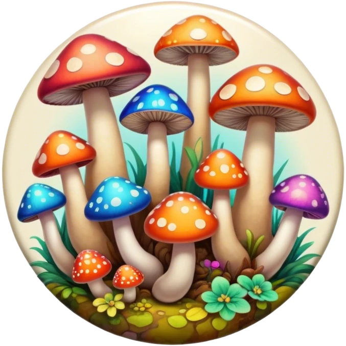 A round psychedelic colored button with bezeled edges and colorful hippie style mushrooms emoji