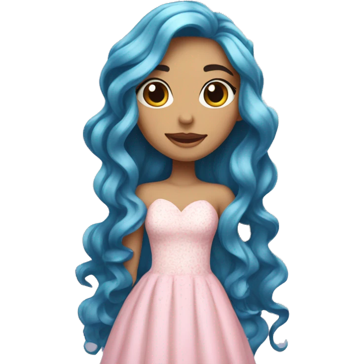 A beautiful girl with long flowing wavy blue hair with her skin, the color of a peel and snowflake, wearing a lovely dress, the color of the lightest pink in the world emoji