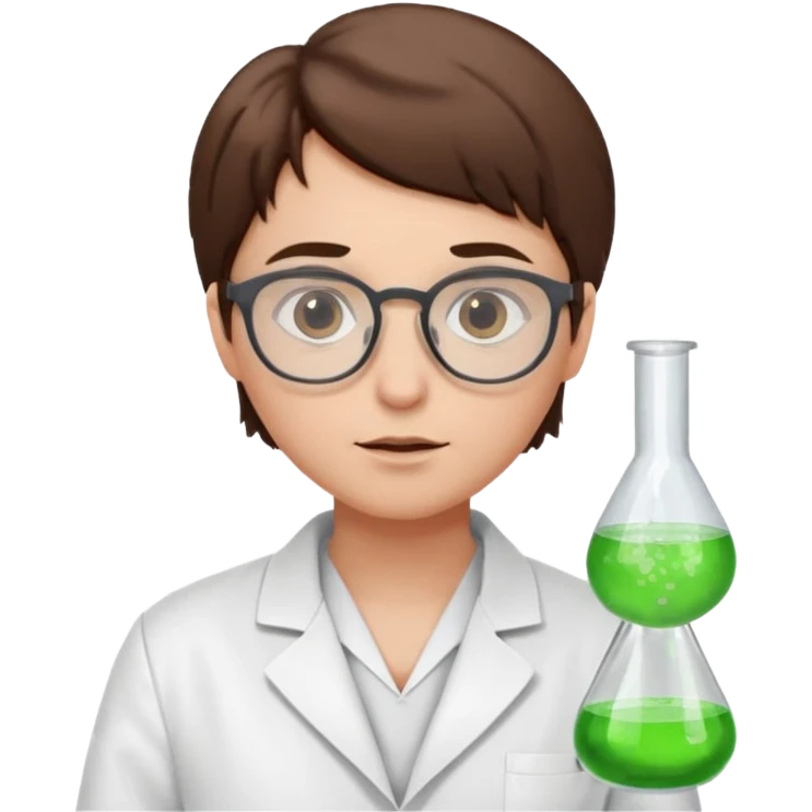 Portrait of a young scientist wearing a white lab coat, glasses, curious expression emoji