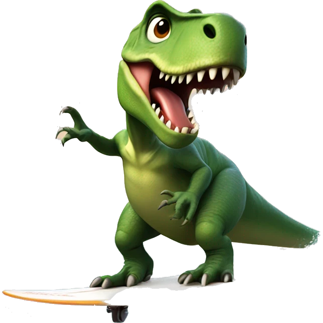 t-rex surfing with flower emoji
