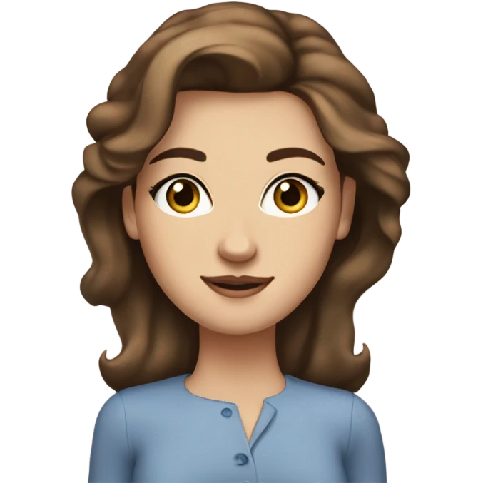 lady with shoulder lenght brown hair with rolled up ends, blue eyes long lashes staright brows and really pretty emoji