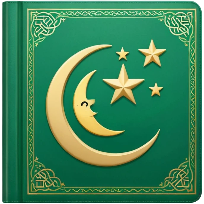 Closed Quran with the Islamic Symbol on it (moon and star) green from left to right emoji