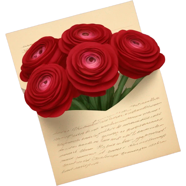A bouquet of ruby-red ranunculus tied with a velvet ribbon and an old love letter emoji