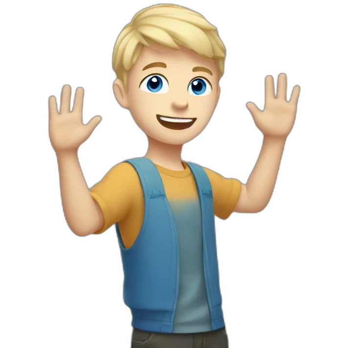 Blonde teen boy with medium short hair, blue eyes, waving hi to the camera emoji