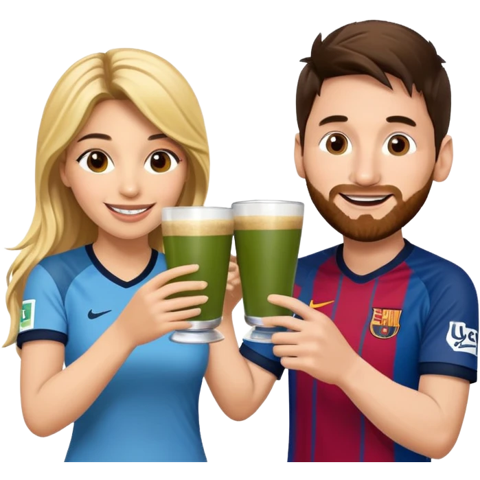 emoji-style illustration of Lionel Messi and Shakira smiling at each other, both holding traditional yerba mate cups, about to make a cheerful toast, friendly, happy, expressive cartoon faces, bright colors, fun vibe emoji