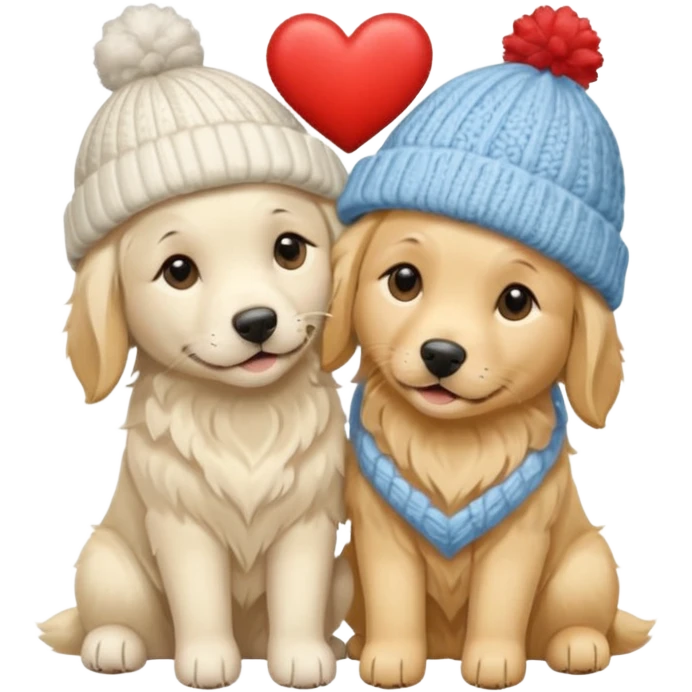 2 English cream golden retrievers cuddling with winter hats and heart in between them. Make them pale dogs  emoji