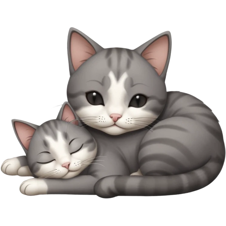 dark grey and white small cat with its eyes closed lying down leaning on its elbow with its paw curled under its head holding it up emoji