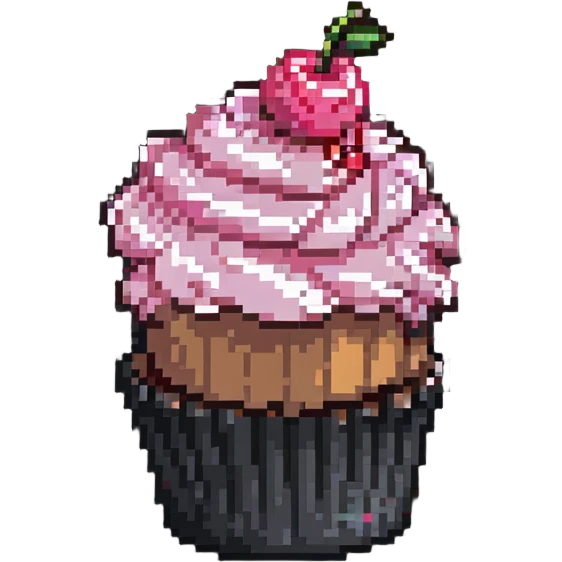 pixel art cupcake with pink icing and a cherry on top emoji