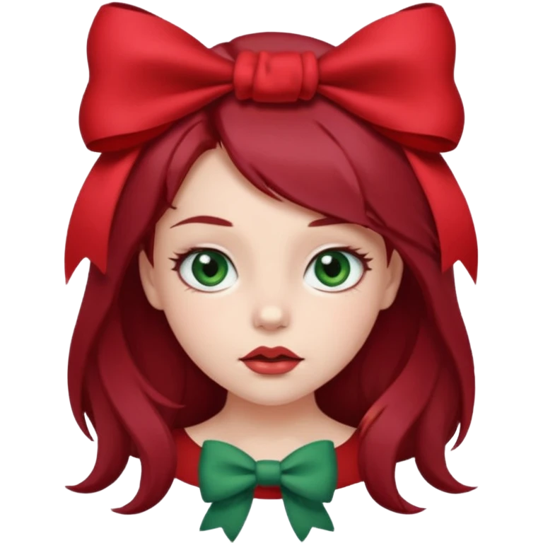 A cute girl biting her lip with a bow in her hair. Dark red hair and gray green eyes emoji