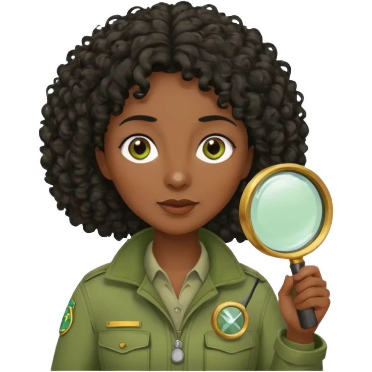 dark skin curly black haired middle-aged woman in moss green explorer outfit, holding magnifying glass emoji