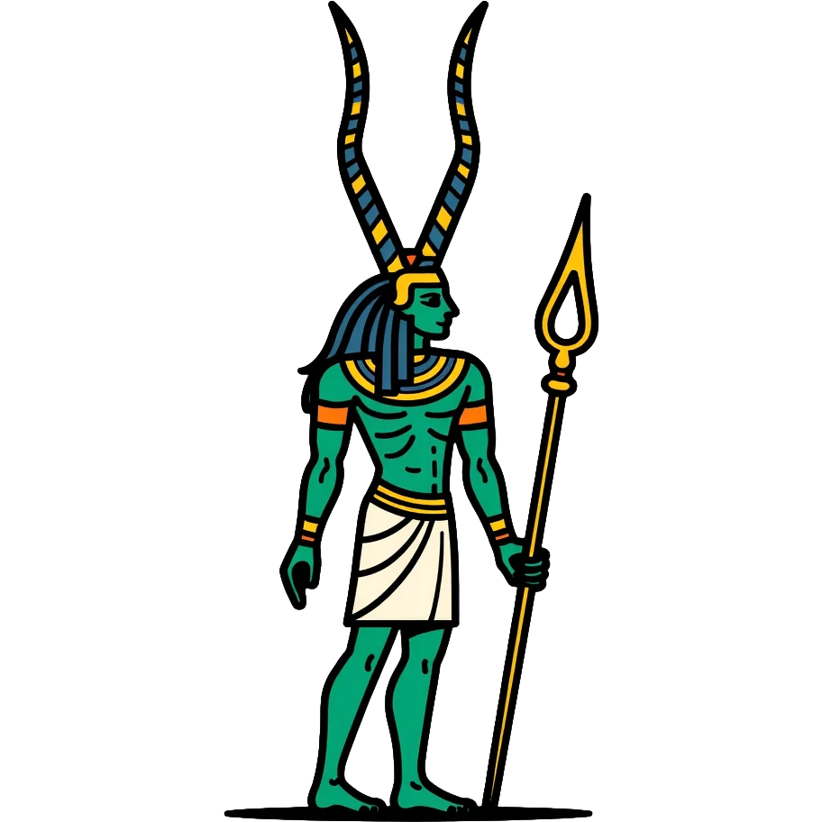 Egyptian god Osiris with green skin, Atef crown, mummified body, holding crook and flail emoji