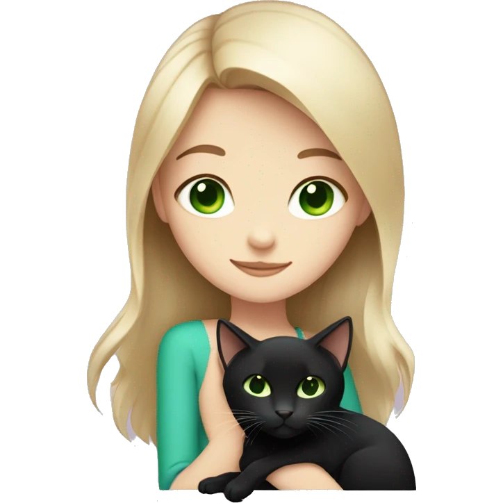 White brown-haired blue-eyed girl hugging black cat with green eyes emoji