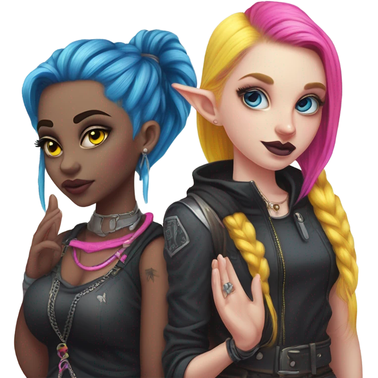 Blue eyed long eye lashes pout blonde and pink hair pale hime gyaru girl, hot pink and yellow split-dyed hair, nose ring, elf ears, dark makeup, punk clothes standing next to three diffrent men praying on their knees emoji