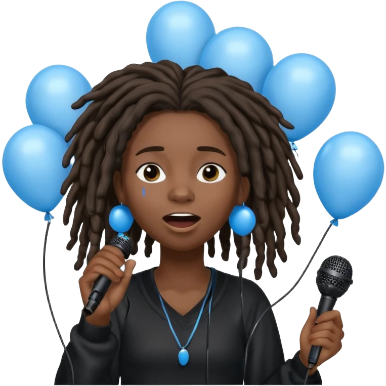 Black girl Stud with dreadlocks singing dressed in black crying 1,2,3 release em with white and blue balloons flying overhead emoji like with mic in hand  emoji