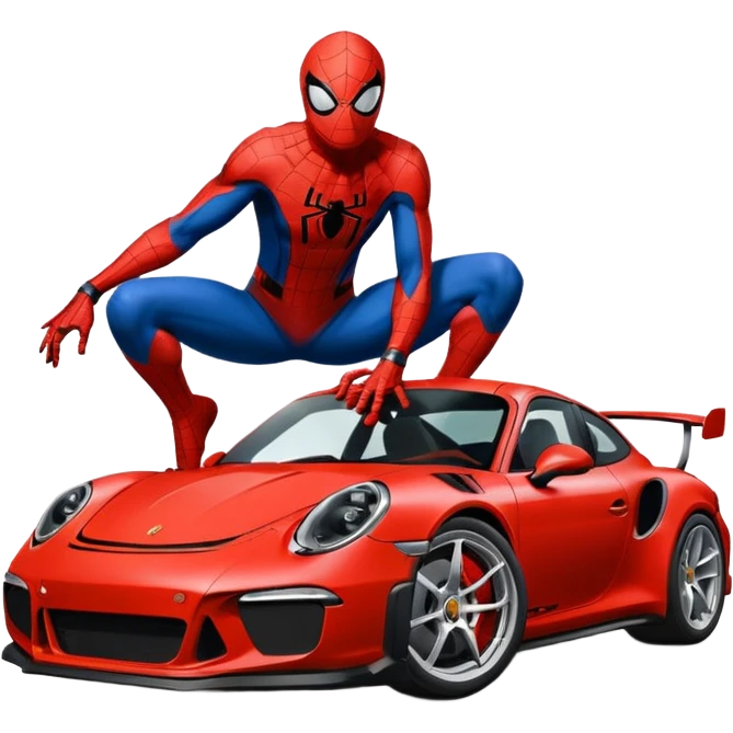 Die-cut sticker of Spider-Man sitting on a Porsche 911 GT3 RS, bold vector art, thick white border, isolated on green hilly background. emoji
