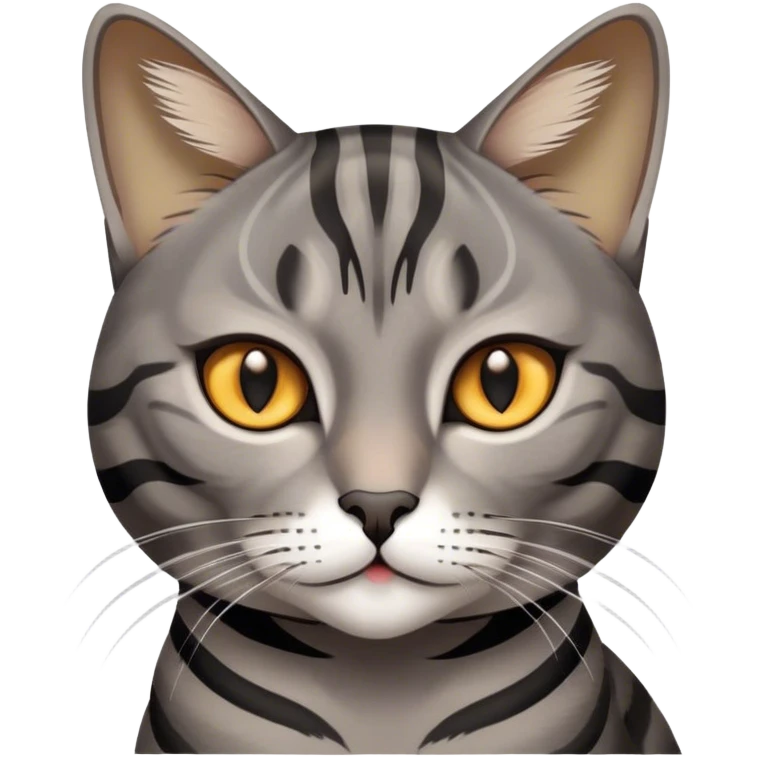 Cinematic Noble Grey and Black Brown Tabby Cat Portrait Emoji, Poised and regal, with sleek grey-brown fur featuring bold black tabby stripes and a distinct M-shaped marking on the forehead, bright amber eyes, Simplified yet sharp and sophisticated features, highly detailed, glowing with a soft, dignified glow, high shine, intelligent and graceful, stylized with an air of elegance, focused and attentive, soft glowing outline, capturing the essence of a watchful and refined feline, so majestic it feels as though it could glide across the screen with effortless confidence! emoji