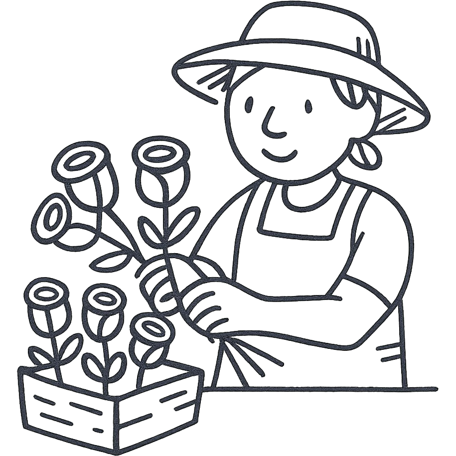 rose farm emoji with a person sorting and bunching roses, hand-drawn black outline style emoji