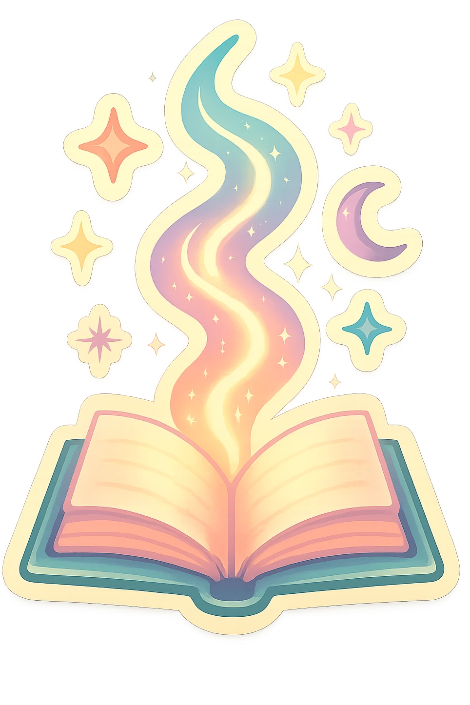 open book with whirlwind of light and magical symbols, retro stickers style, pastel palette #98B5BC, #B5B3C1, #C9A3C9, #E4C0CA, #F7DCD1, #F7C0AA, detailed shadows and highlights, soft lighting, transparent background, no decorative elements emoji