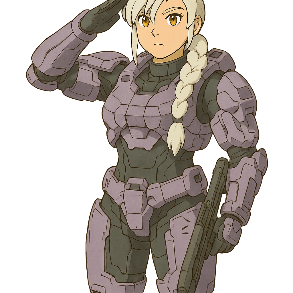 standing salute, weapons-at-arms, female, wearing reach spartan armor shoulder-unequip, long white braid hair with massive messy front side single bangs, gold yellow eyes, attention pose, D-cup size, HALO:series, no helmet, the armor is lavender color scheme, emoji