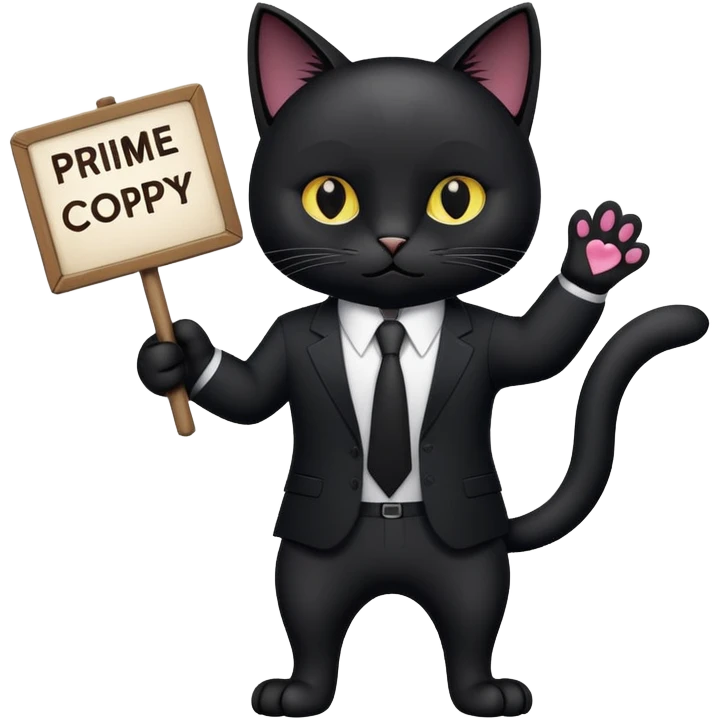 A black cat in a black business suit holds a sign with the inscription "PrimeCopy" in one paw emoji