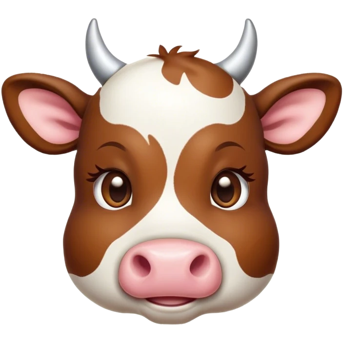 Cinematic Cute Brown and White Cow Portrait Emoji, Head tilted playfully and inquisitively, featuring a glossy, richly patterned hide of brown with striking white patches, round, sparkling brown eyes filled with gentle curiosity, Simplified yet irresistibly adorable features, highly detailed, glowing with a warm, friendly glow, high shine, affectionate and serene, stylized with a touch of country charm, bright and endearing, soft glowing outline, capturing the essence of a mischievous yet loving cow, so playful it feels like it could moo out of the screen and into your arms! emoji