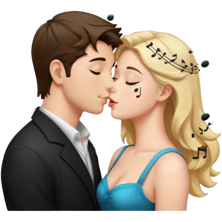 a good looking man and good looking woman are Kissing, with music notes emoji