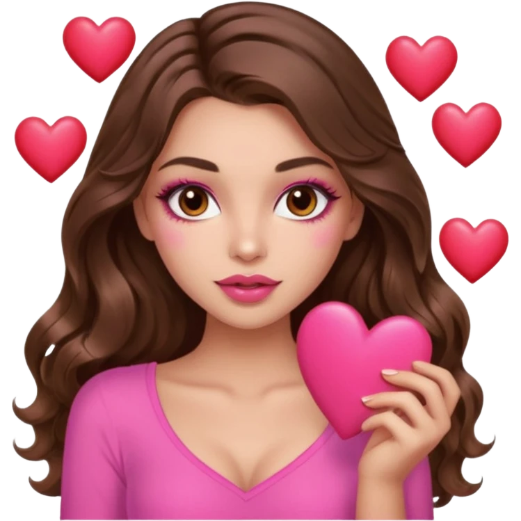 girl with long wavy brown hair, brown eyes, long lashes makeup, sexy pink lips, light to medium complexion, wearing a pink sexy top, many  hearts in hand emoji