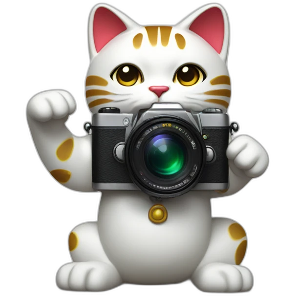 maneki neko with a camera on the ground between the legs, and the arm up emoji