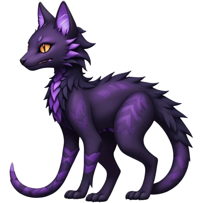 Kawaii dark black purplish blackish edgy fantasy ethereal feline-vernid-sergal-fursona animal creature with a tufted tail full body with intricate markings  emoji