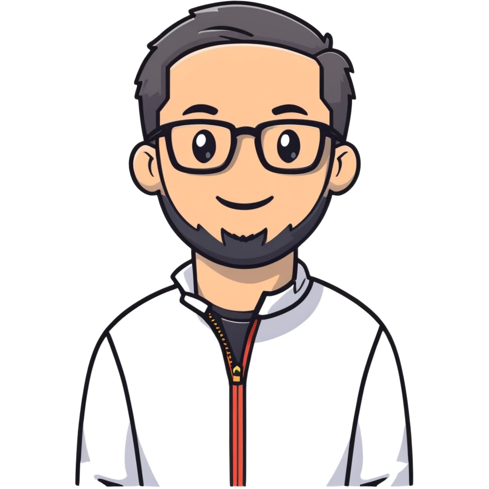 Light-skinned man with short black hair styled upwards, full short graying beard, smiling, wearing large black-framed glasses and a black long-sleeve sports shirt with zip at the neck emoji