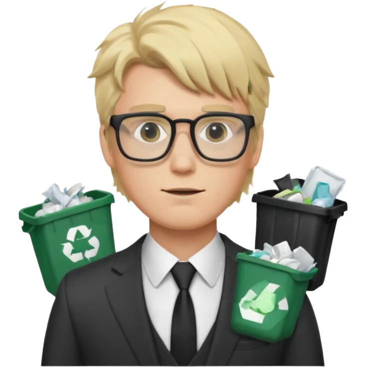 Blonde man with square glasses and suit, trash on hair emoji