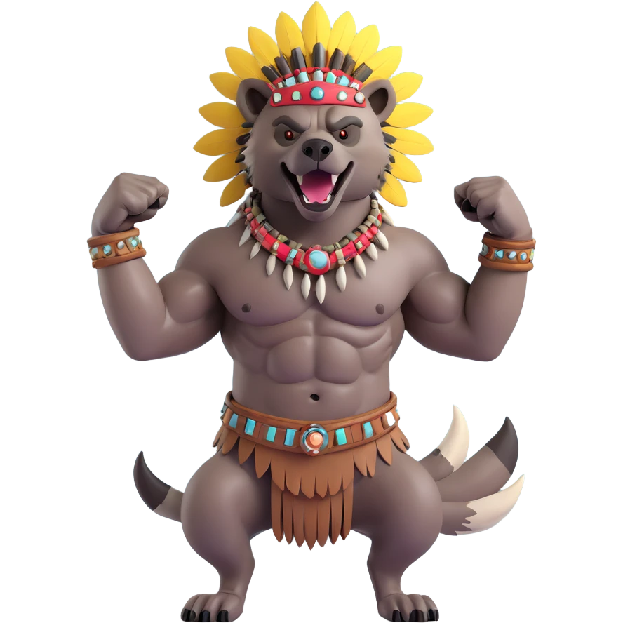 A native strong buff hyena with war bonnet flexing posing  emoji