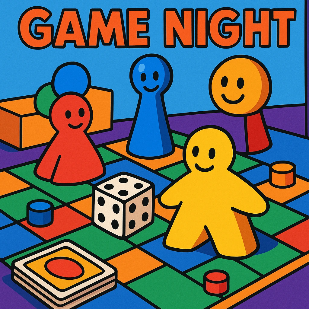game night scene with colorful game pieces emoji