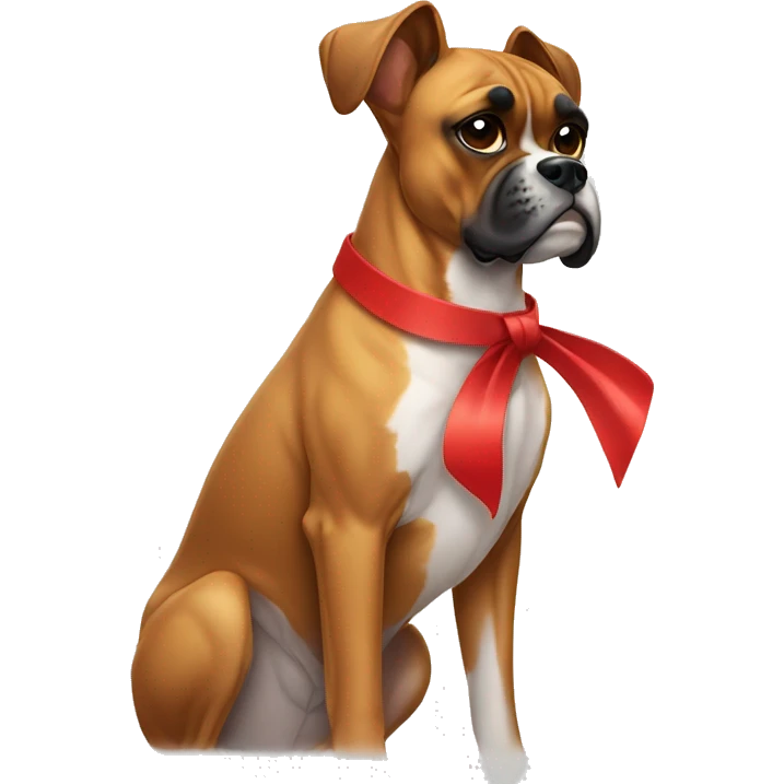 Boxer dog with a red bow on her neck and no bow on her head emoji