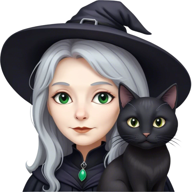 Long grey haired witch with black cat emoji