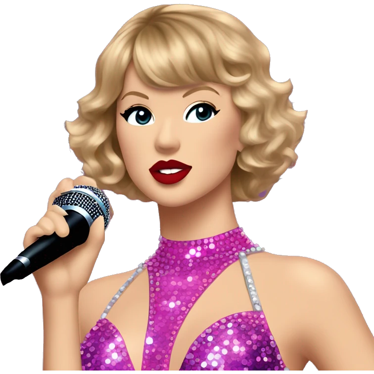 Taylor Swift wearing bedazzled pink and purple leotard bodysuit with microphone and red lipstick on stage emoji
