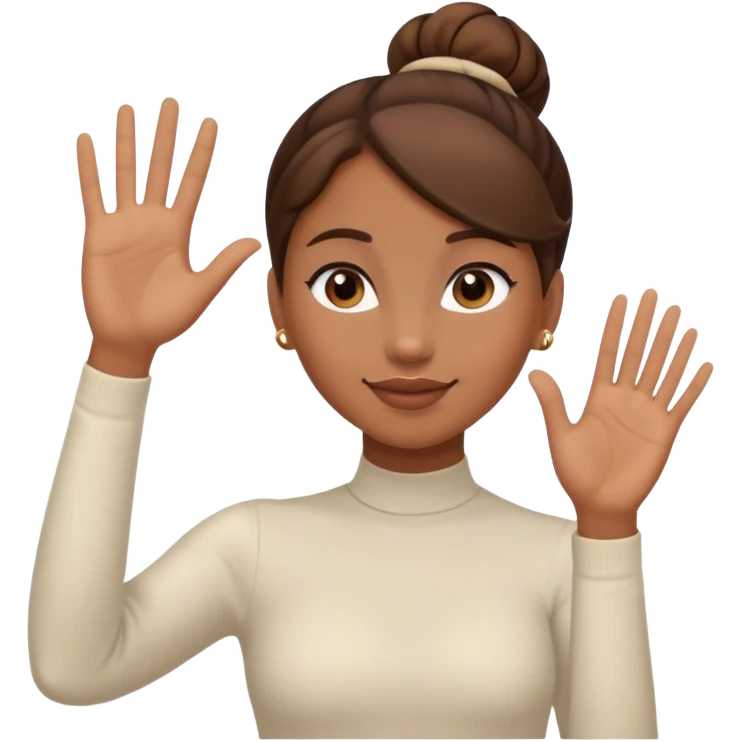 Light brown skin girl, brown hair in bun, waving goodbye emoji