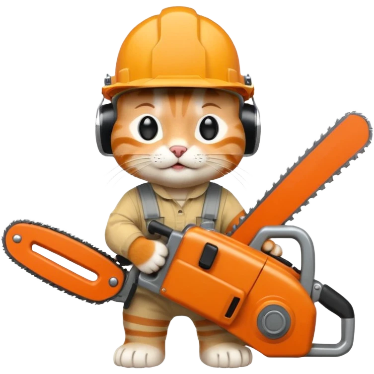 a cat in a construction helmet holds a chainsaw in his hands emoji
