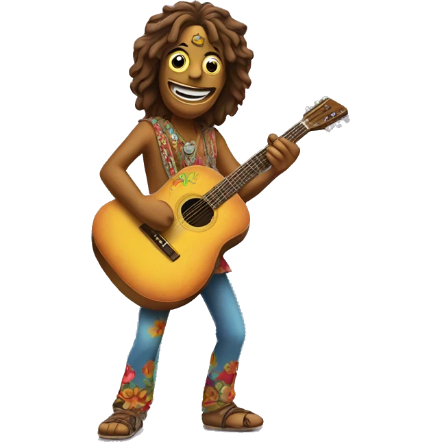 anthropomorphic hippie-guitar showing a sign of peace emoji