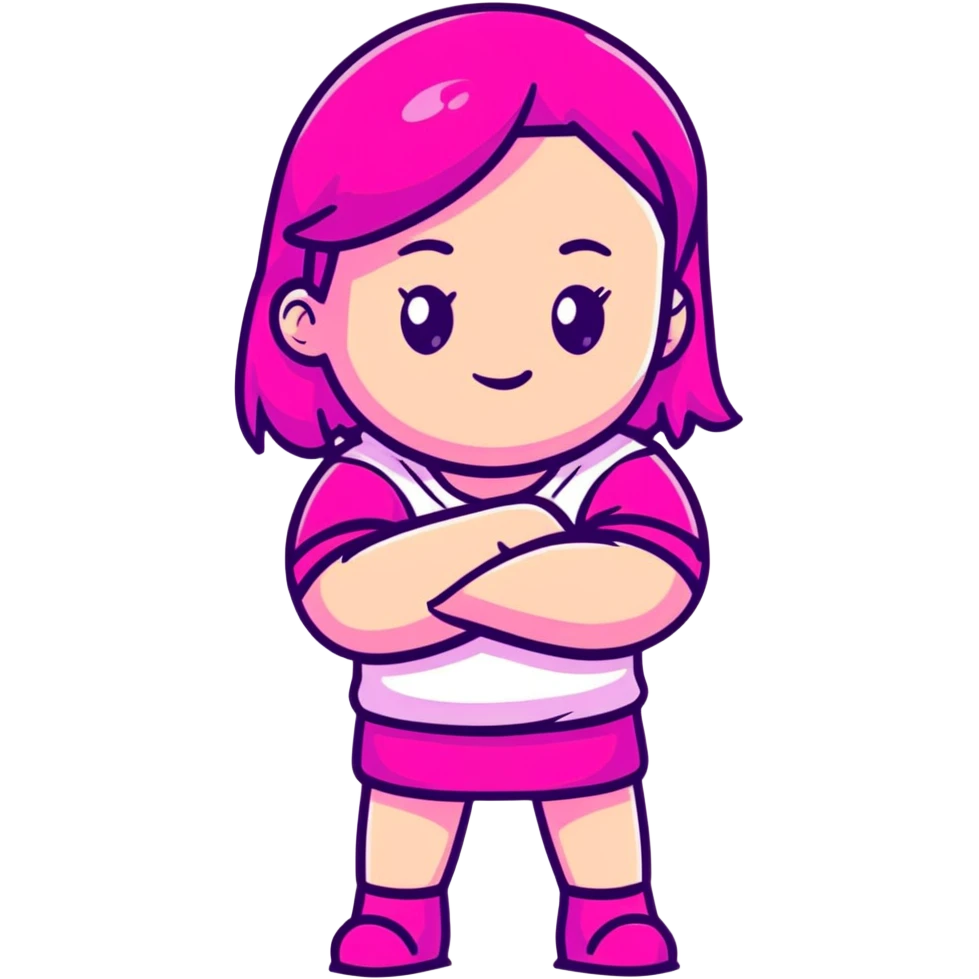 Shy girl character with arms crossed, transparent glass style, bright pink gradient, soft shadows and highlights, minimalist cute design emoji