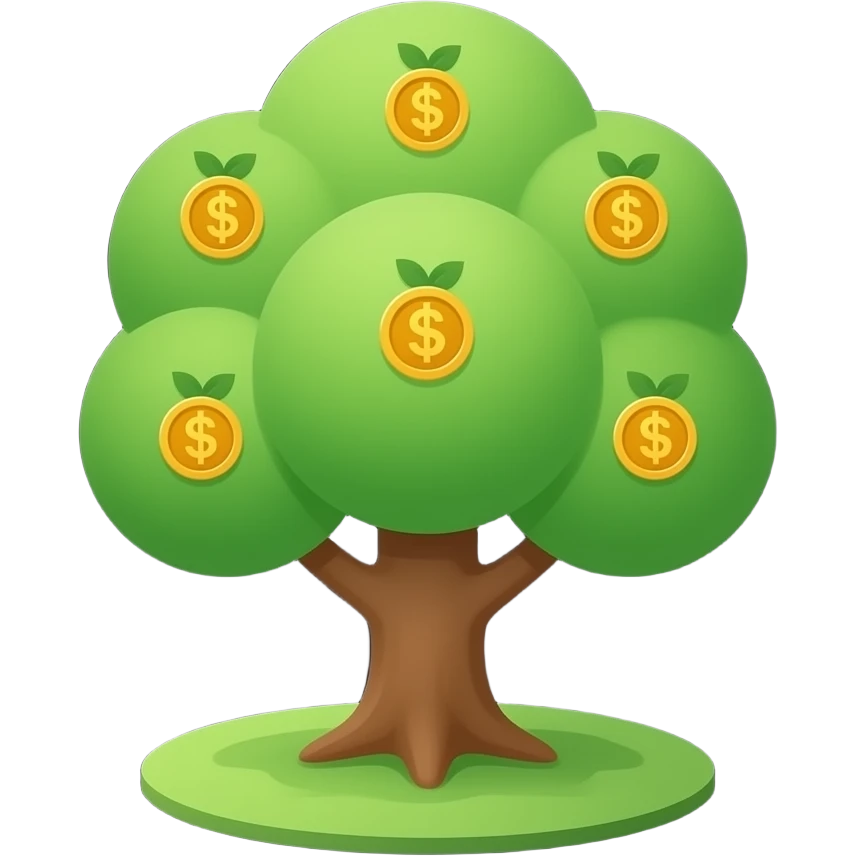 Apple-style money tree, round soft green canopy.
No pot, no ground — only the tree.
Small gold coins as fruits inside the leaves (not below).
Flat 2D vector, clean shapes, no gradients.
Dark near-black background, premium fintech icon. emoji