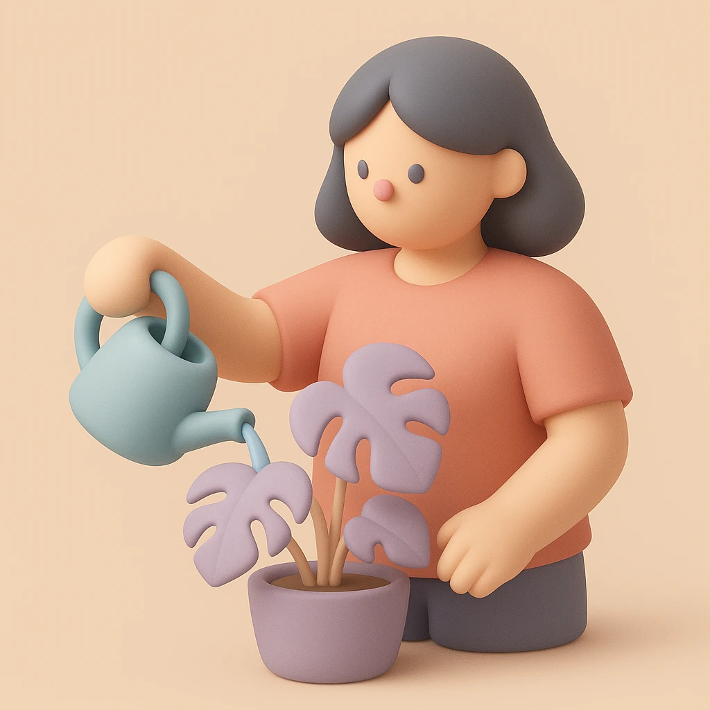 woman watering her monstera plant emoji