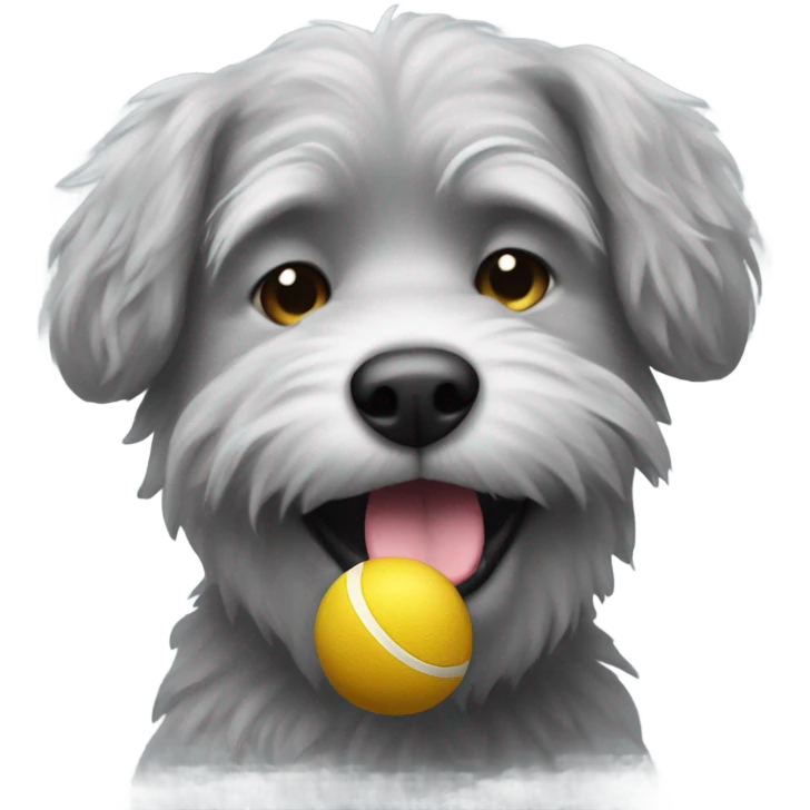 Realistic fluffy grey old dog with ball in mouth emoji