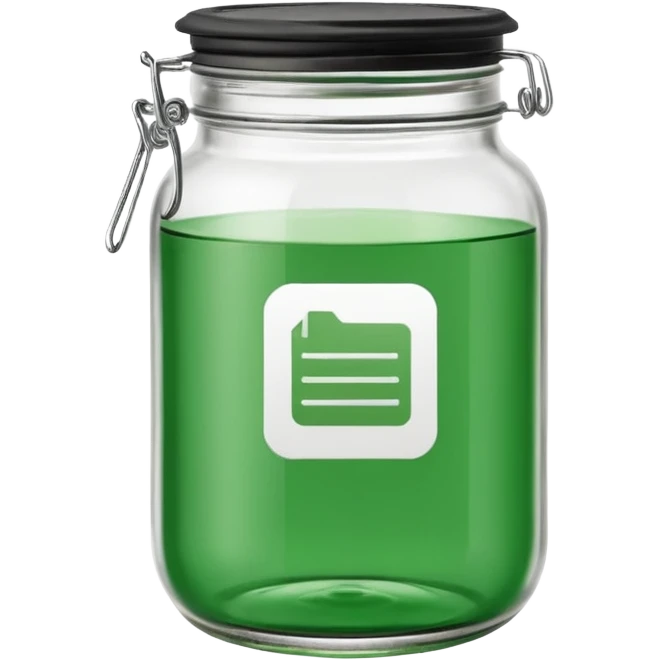 green jar emoji with green lid, containing three minimal monochrome icons inside: bookmark, photo symbol, and paperclip — simple, clean, flat design. emoji