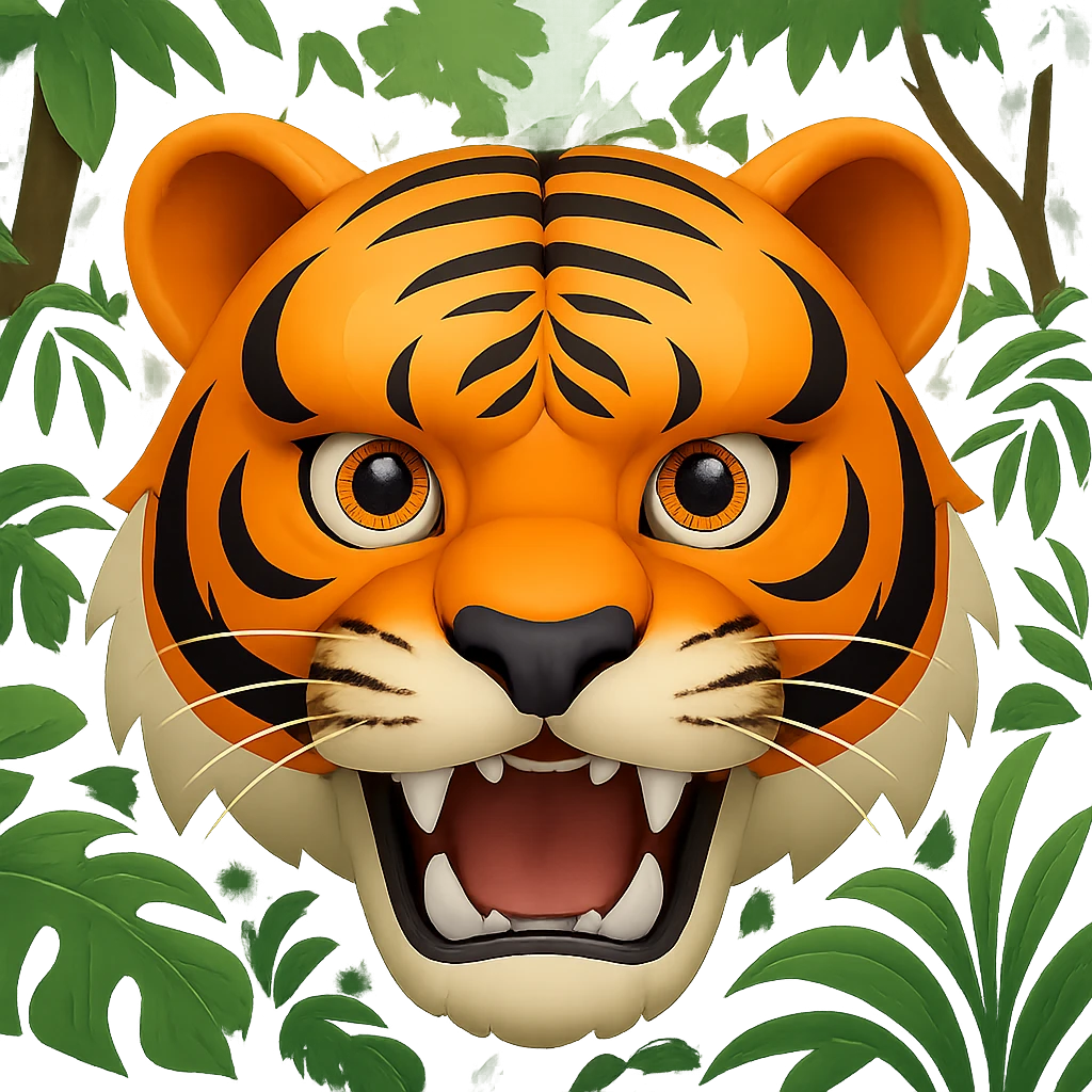 Add a lush green jungle background behind the roaring tiger in the style of apple emojis, preserving the apple emoji style and look. emoji