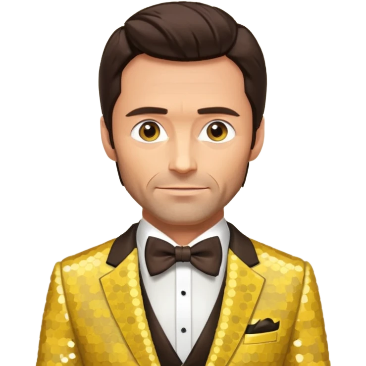 Hugh Jackman with dark brown hair, yellow sequin suit with bow tie emoji